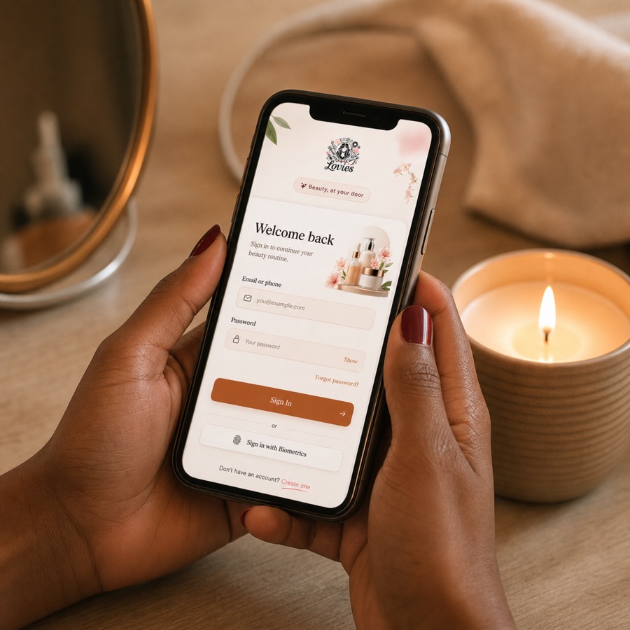 A hand holding a phone with the Lovies app open, beside a lit candle