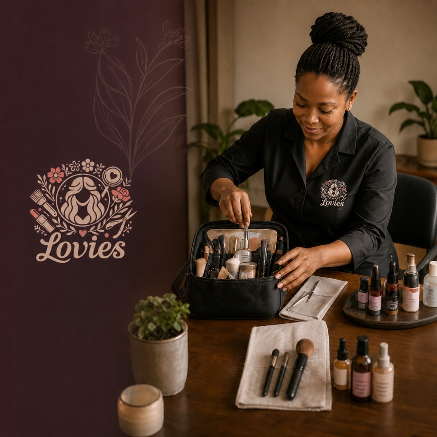 A Lovies professional in branded uniform organizing her makeup kit at a client's home